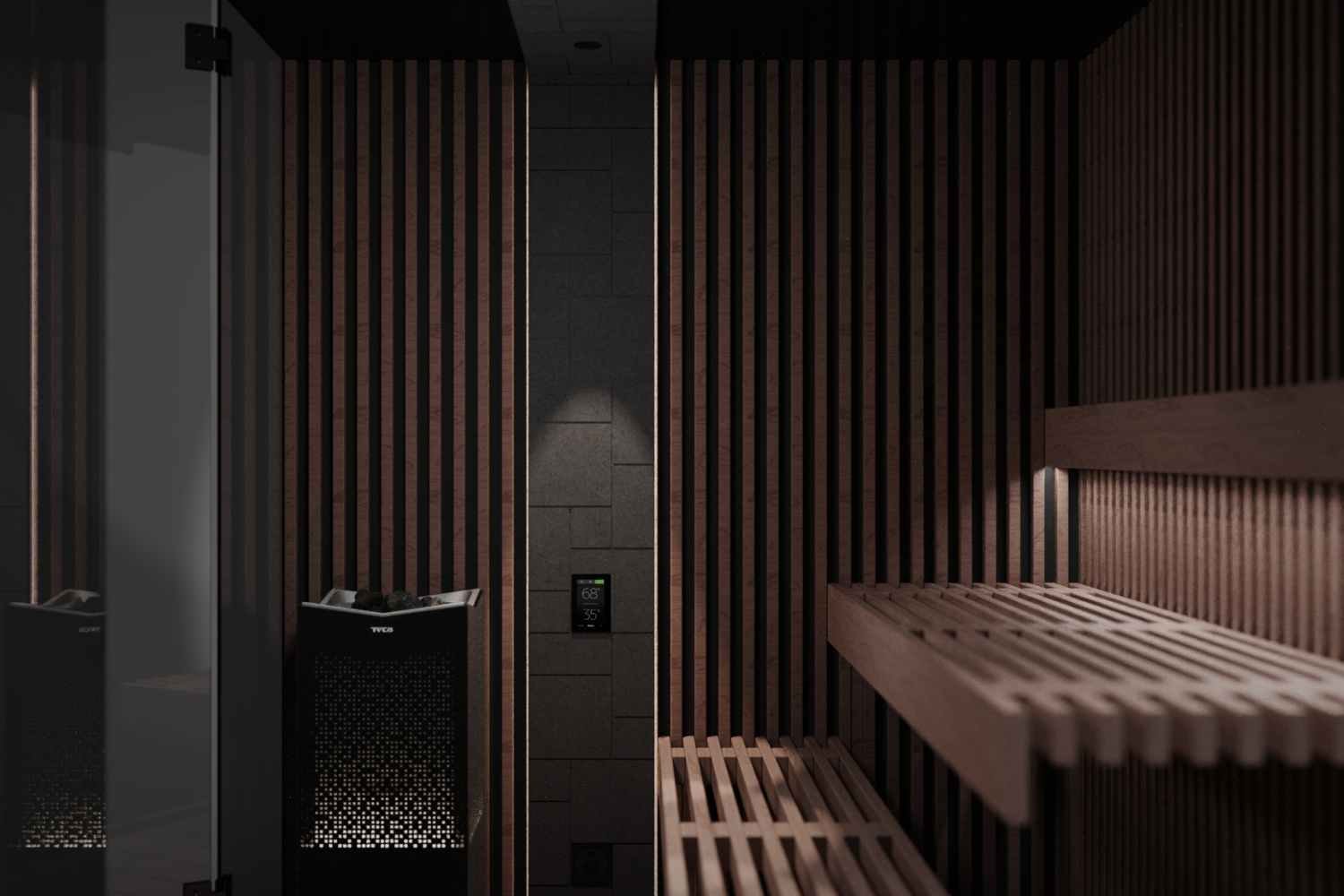 Ribbed Sauna Panels in Reflection from Tylö